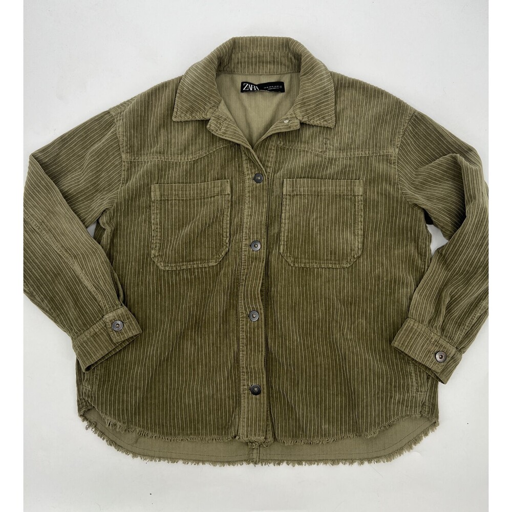 Zara Womens Green Cotton Corduroy Cropped Oversized Long Sleeve Jacket Size XS